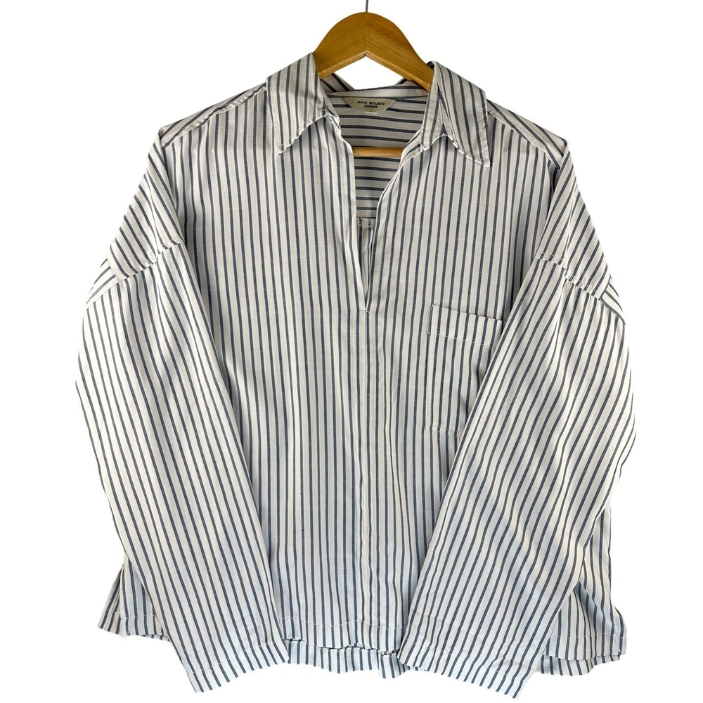 Max Studio London Striped Tunic Top Blue White Long Sleeve V-Neck Medium